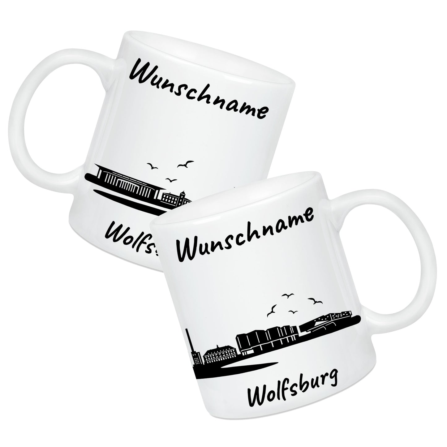 Tasse in Weiß 330ml bedruckt mit der Skyline von Wolfsburg personalisierbar mit Wunschname