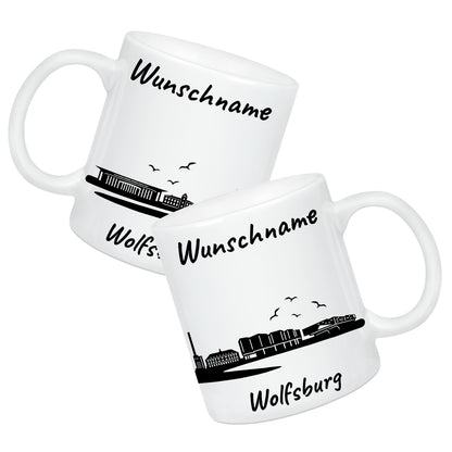 Tasse in Weiß 330ml bedruckt mit der Skyline von Wolfsburg personalisierbar mit Wunschname