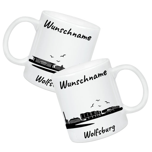 Tasse in Weiß 330ml bedruckt mit der Skyline von Wolfsburg personalisierbar mit Wunschname