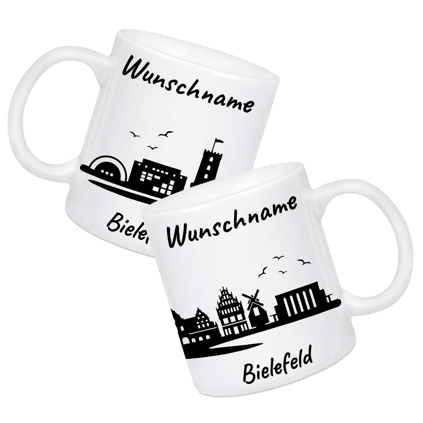 Tasse in Weiß 330ml bedruckt mit der Skyline von Bielefeld personalisierbar mit Wunschname