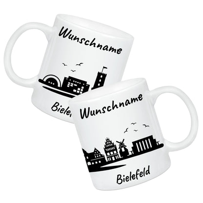 Tasse in Weiß 330ml bedruckt mit der Skyline von Bielefeld personalisierbar mit Wunschname