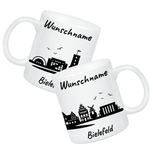 Tasse in Weiß 330ml bedruckt mit der Skyline von Bielefeld personalisierbar mit Wunschname