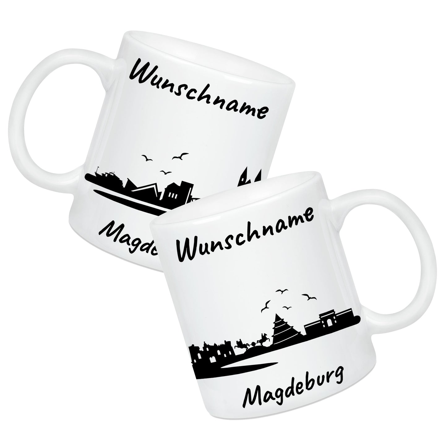 Tasse in Weiß 330ml bedruckt mit der Skyline von Magdeburg personalisierbar mit Wunschname
