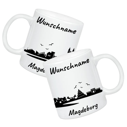 Tasse in Weiß 330ml bedruckt mit der Skyline von Magdeburg personalisierbar mit Wunschname