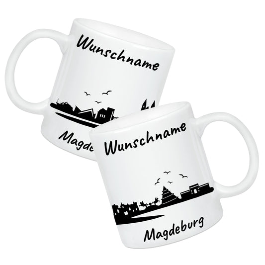 Tasse in Weiß 330ml bedruckt mit der Skyline von Magdeburg personalisierbar mit Wunschname