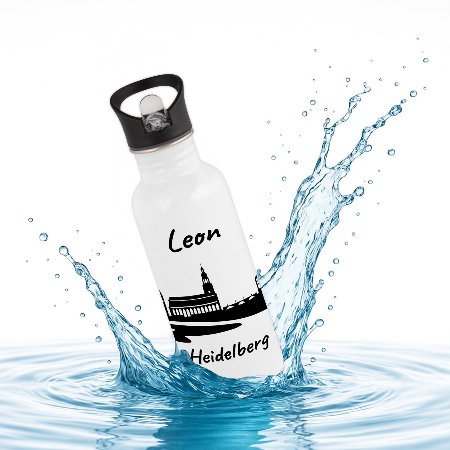 Trinkflasche in Weiß 600ml aus Edelstahl bedruckt mit der Skyline von Heidelberg personalisierbar mit Wunschname