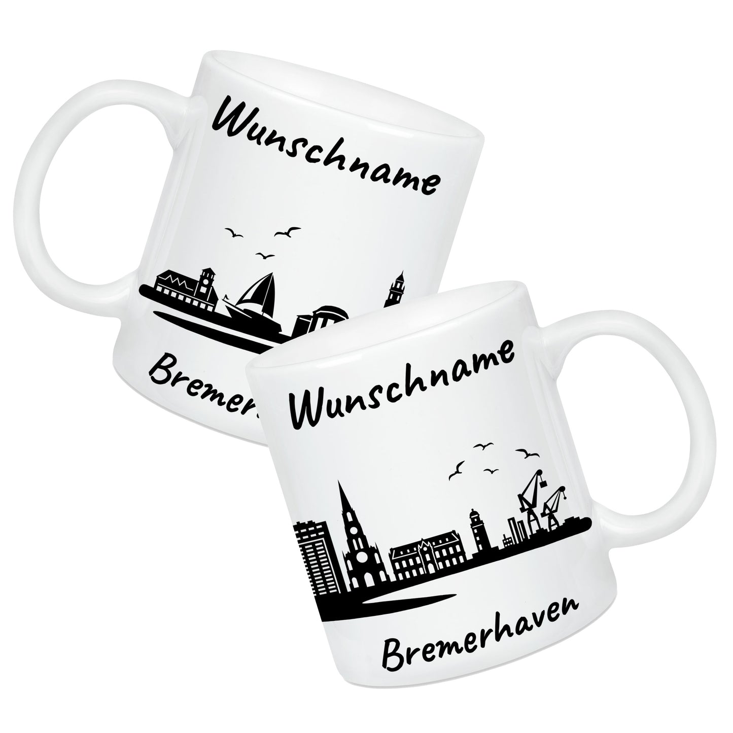 Tasse in Weiß 330ml bedruckt mit der Skyline von Bremerhaven personalisierbar mit Wunschname