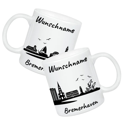Tasse in Weiß 330ml bedruckt mit der Skyline von Bremerhaven personalisierbar mit Wunschname