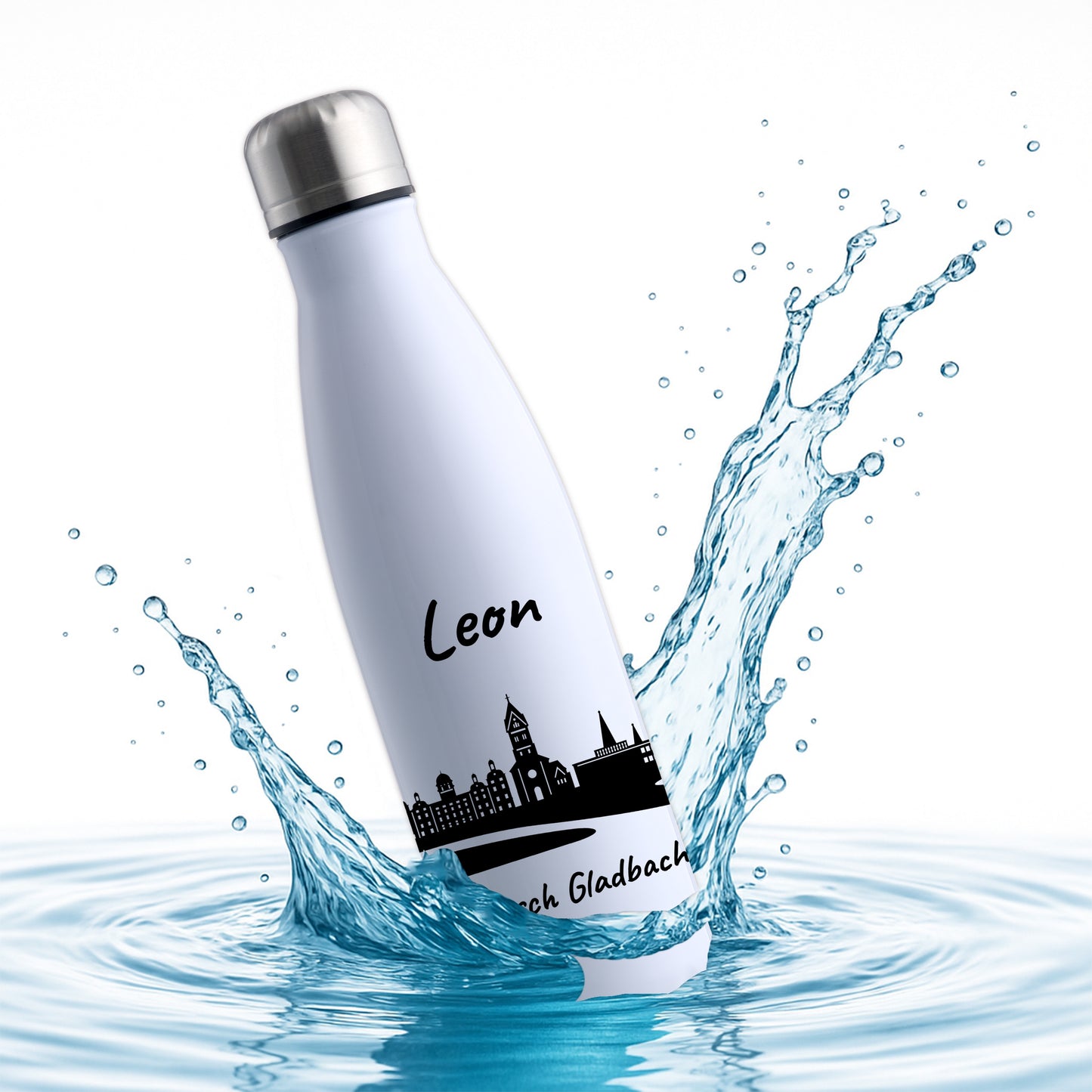 Trinkflasche in Weiß 500ml aus Edelstahl bedruckt mit der Skyline von Bergisch Gladbach personalisierbar mit Wunschname