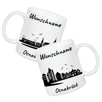 Tasse in Weiß 330ml bedruckt mit der Skyline von Osnabrück personalisierbar mit Wunschname