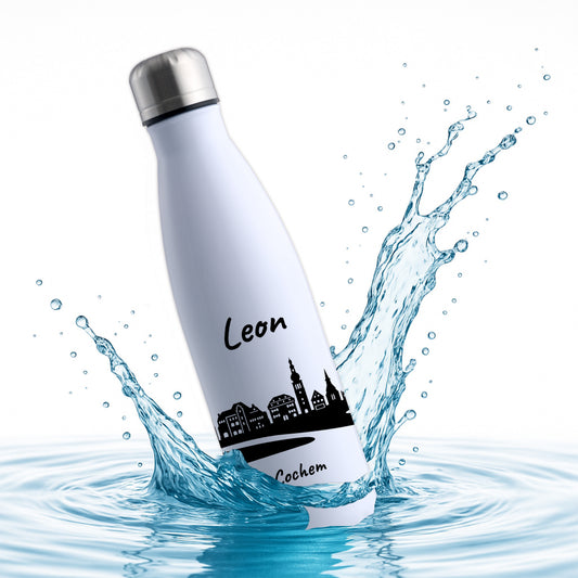 Trinkflasche in Weiß 500ml aus Edelstahl bedruckt mit der Skyline von Cochem personalisierbar mit Wunschname