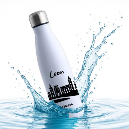 Trinkflasche in Weiß 500ml aus Edelstahl bedruckt mit der Skyline von Kempen personalisierbar mit Wunschname