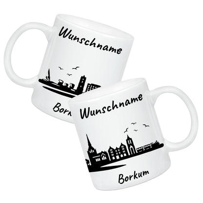 Tasse in Weiß 330ml bedruckt mit der Skyline von Borkum personalisierbar mit Wunschname
