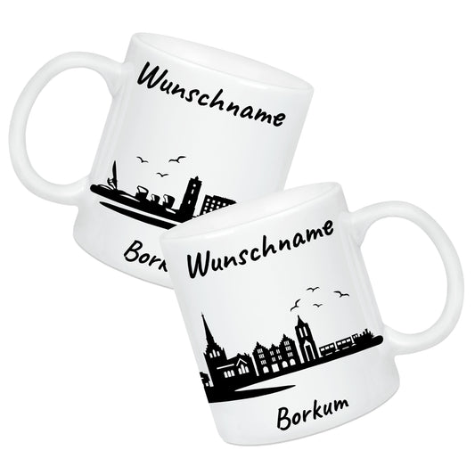 Tasse in Weiß 330ml bedruckt mit der Skyline von Borkum personalisierbar mit Wunschname