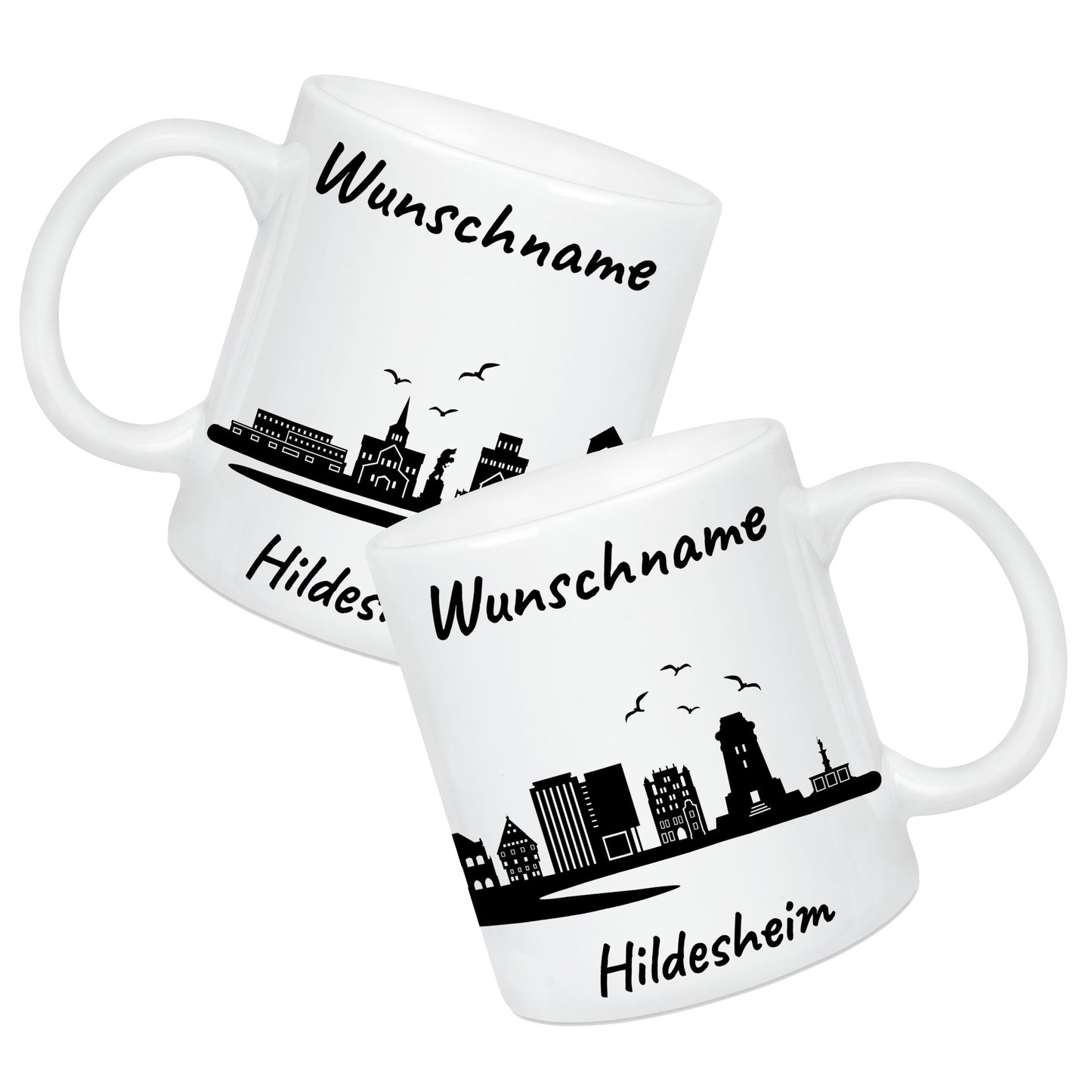 Tasse in Weiß 330ml bedruckt mit der Skyline von Hildesheim personalisierbar mit Wunschname
