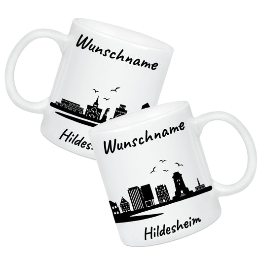 Tasse in Weiß 330ml bedruckt mit der Skyline von Hildesheim personalisierbar mit Wunschname