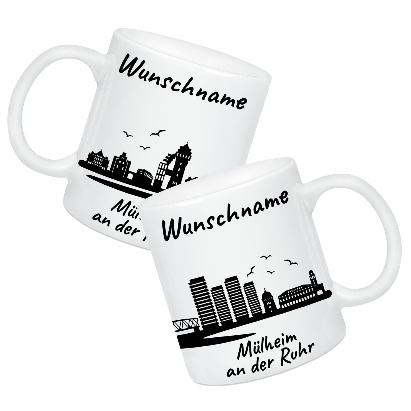 Tasse in Weiß 330ml bedruckt mit der Skyline von Mülheim an der Ruhr personalisierbar mit Wunschname