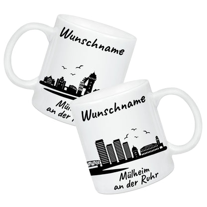 Tasse in Weiß 330ml bedruckt mit der Skyline von Mülheim an der Ruhr personalisierbar mit Wunschname