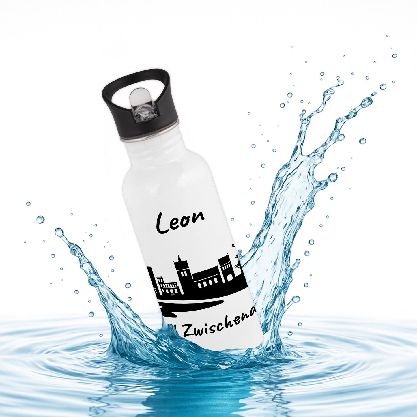 Trinkflasche in Weiß 600ml aus Edelstahl bedruckt mit der Skyline von Bad Zwischenahn personalisierbar mit Wunschname