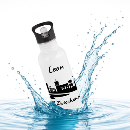 Trinkflasche in Weiß 600ml aus Edelstahl bedruckt mit der Skyline von Bad Zwischenahn personalisierbar mit Wunschname