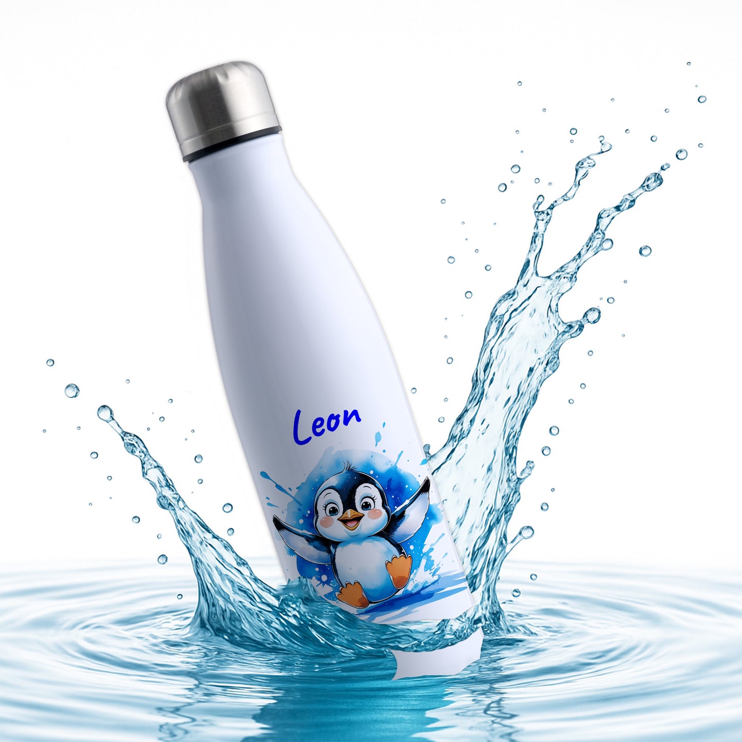 Trinkflasche in Weiß 500ml aus Edelstahl bedruckt mit niedlichen Tieren "Pinguin" personalisierbar für Kinder mit Wunschname