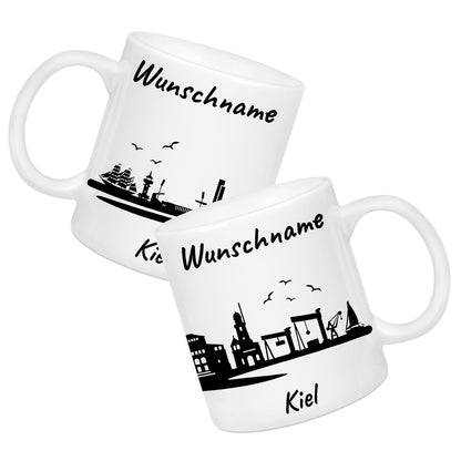 Tasse in Weiß 330ml bedruckt mit der Skyline von Kiel personalisierbar mit Wunschname