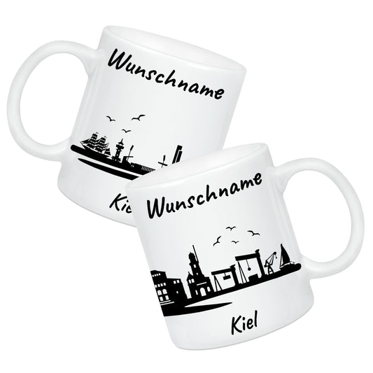 Tasse in Weiß 330ml bedruckt mit der Skyline von Kiel personalisierbar mit Wunschname