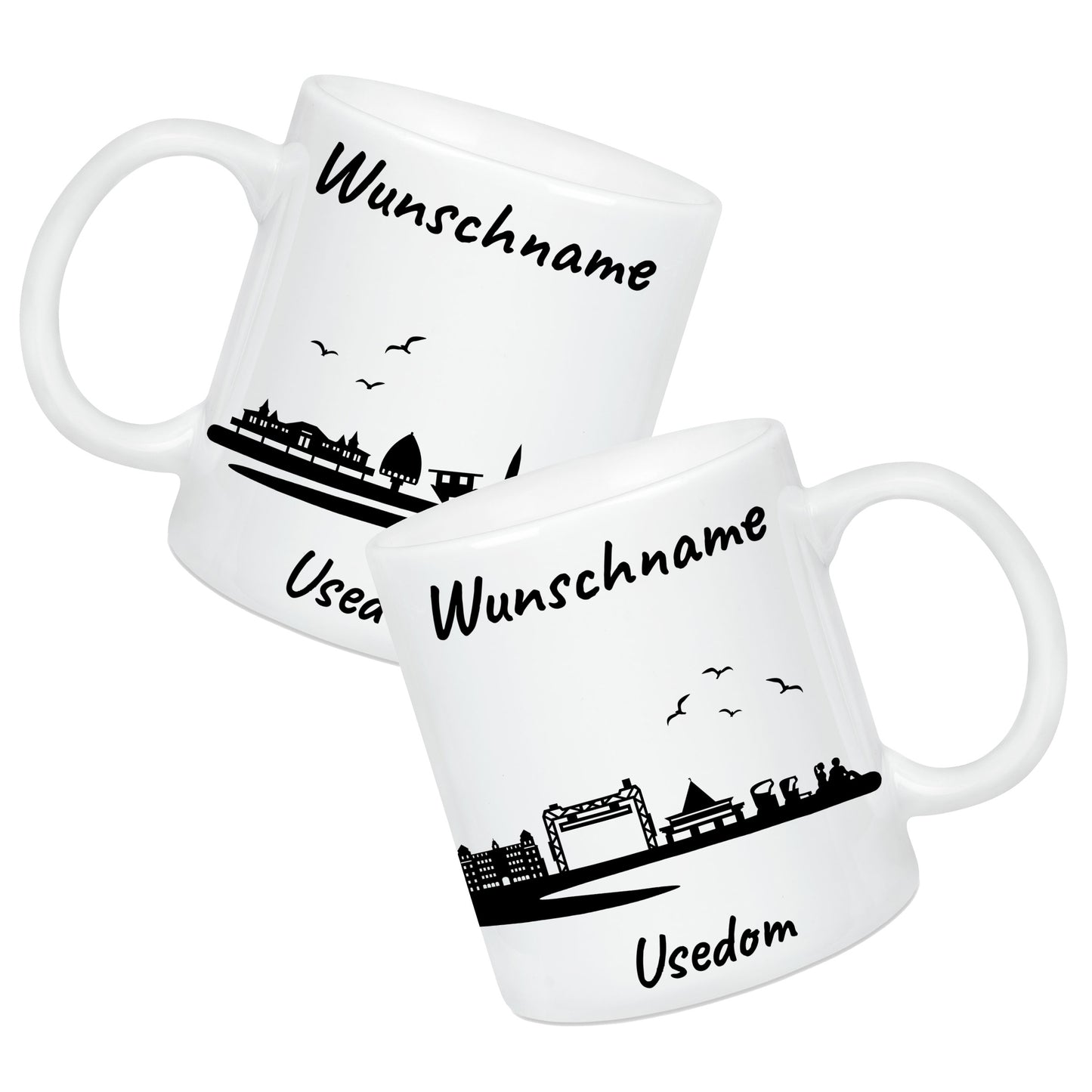 Tasse in Weiß 330ml bedruckt mit der Skyline von Usedom personalisierbar mit Wunschname