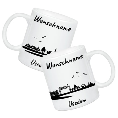 Tasse in Weiß 330ml bedruckt mit der Skyline von Usedom personalisierbar mit Wunschname