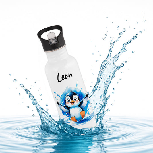 Trinkflasche mit Strohhalm in Weiß 600ml bedruckt mit niedlichen Tieren"Pinguin" personalisierbar für Kinder mit Wunschname aus Edelstahl