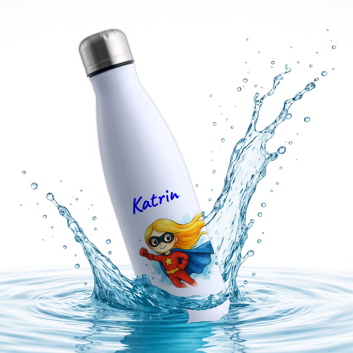 Thermoflasche 500ml in Weiß bedruckt mit tollen Motiven für Kinder "Superheldin" personalisierbar mit Wunschname