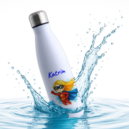 Thermoflasche 500ml in Weiß bedruckt mit tollen Motiven für Kinder "Superheldin" personalisierbar mit Wunschname