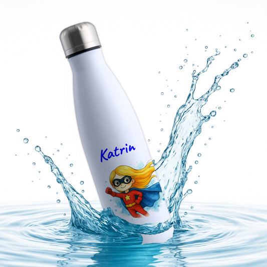 Thermoflasche 500ml in Weiß bedruckt mit tollen Motiven für Kinder "Superheldin" personalisierbar mit Wunschname