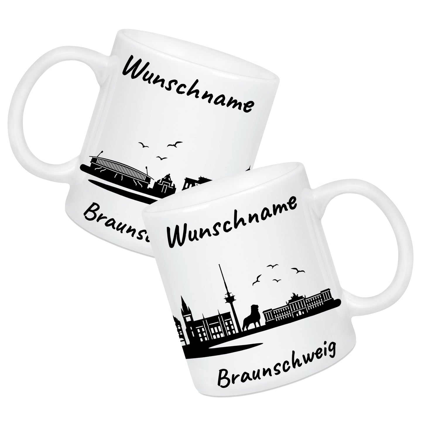 Tasse in Weiß 330ml bedruckt mit der Skyline von Braunschweig personalisierbar mit Wunschname