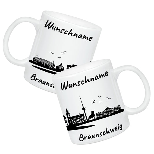 Tasse in Weiß 330ml bedruckt mit der Skyline von Braunschweig personalisierbar mit Wunschname
