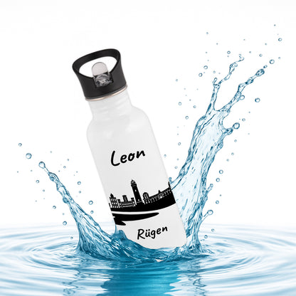 Trinkflasche in Weiß 600ml aus Edelstahl bedruckt mit der Skyline von Rügen personalisierbar mit Wunschname