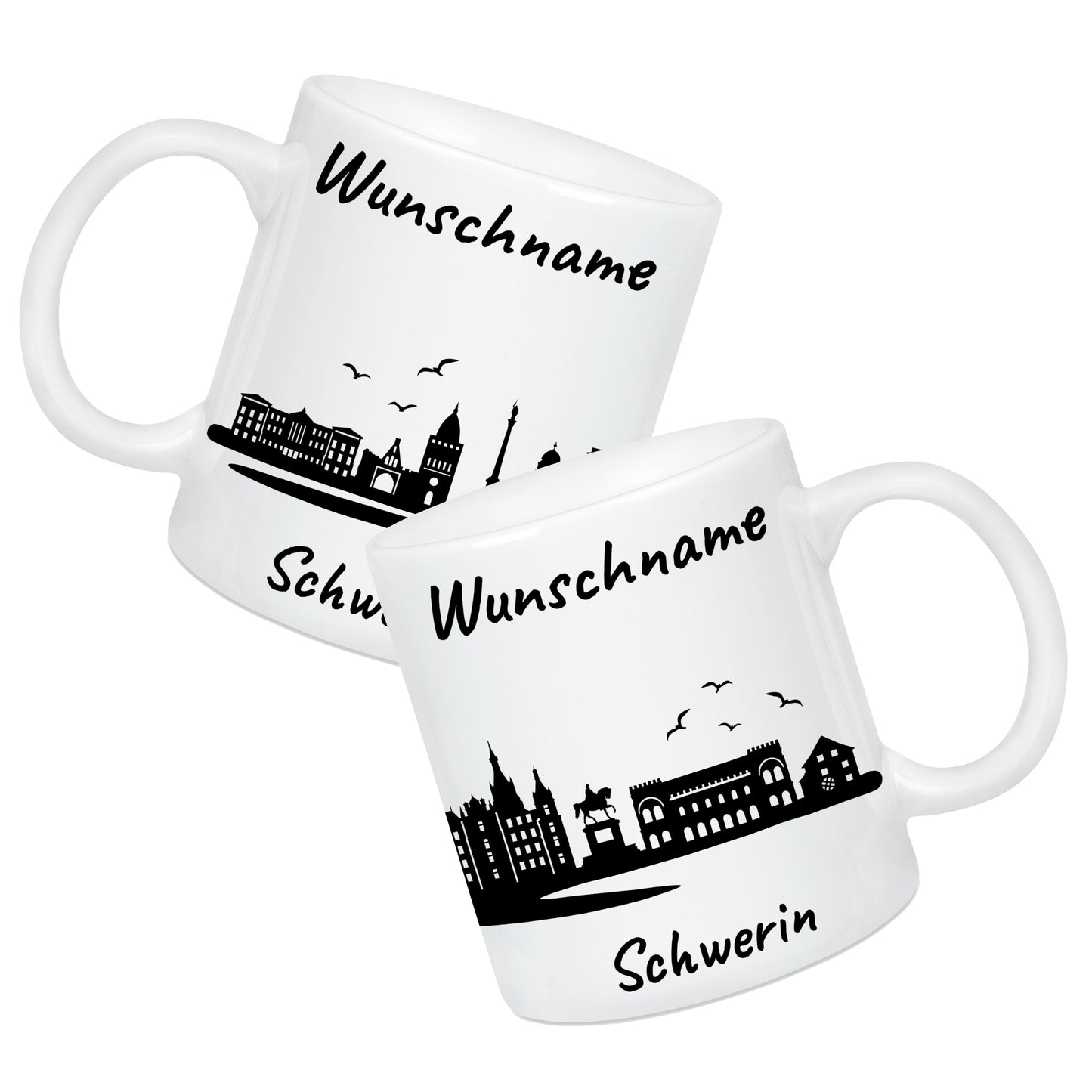 Tasse in Weiß 330ml bedruckt mit der Skyline von Schwerin personalisierbar mit Wunschname
