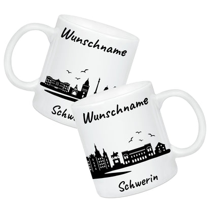 Tasse in Weiß 330ml bedruckt mit der Skyline von Schwerin personalisierbar mit Wunschname