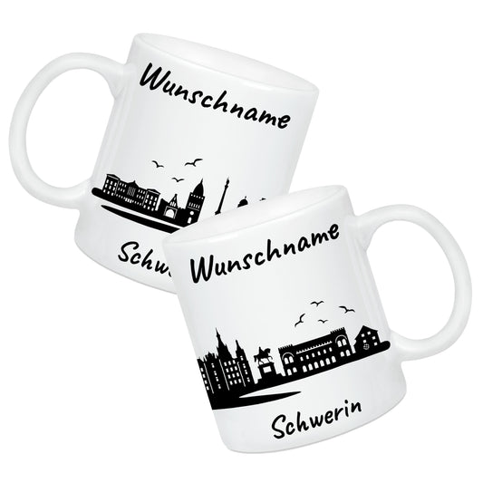 Tasse in Weiß 330ml bedruckt mit der Skyline von Schwerin personalisierbar mit Wunschname