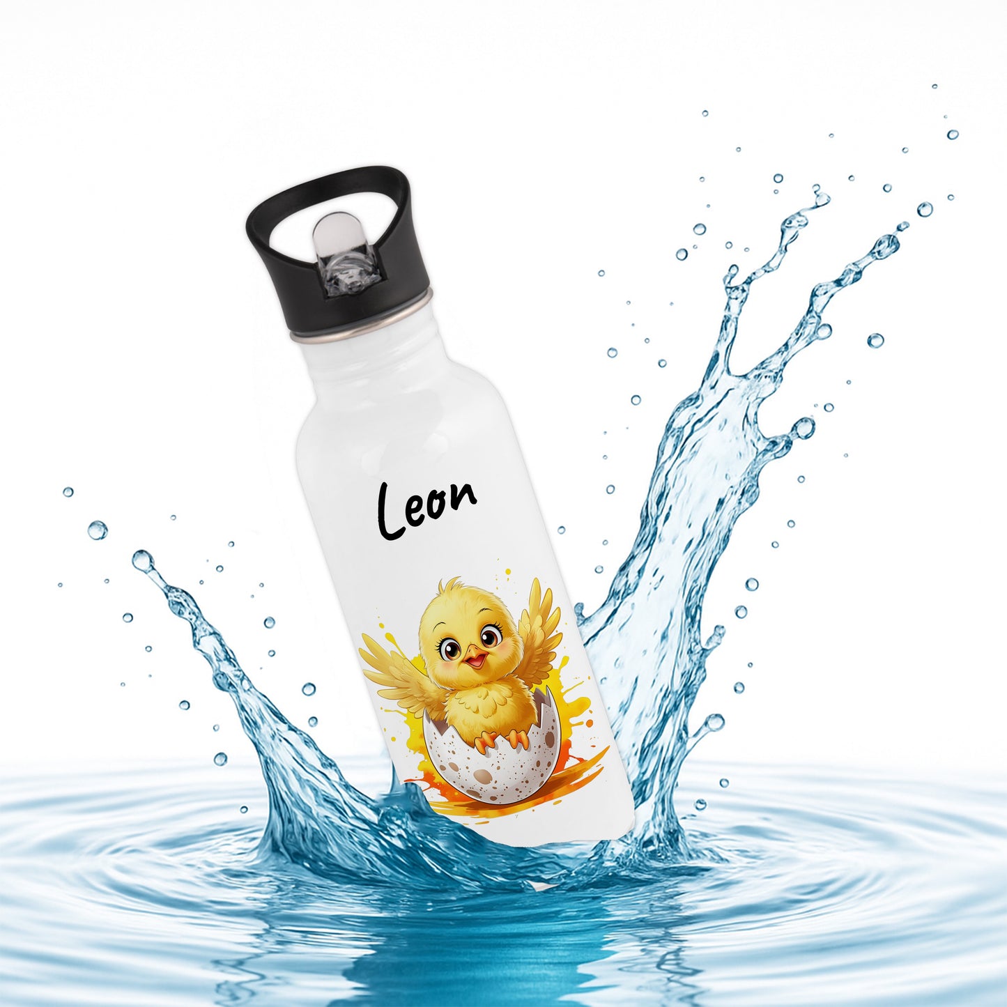 Trinkflasche mit Strohhalm in Weiß 600ml bedruckt mit niedlichen Tieren"Küken" personalisierbar für Kinder mit Wunschname aus Edelstahl