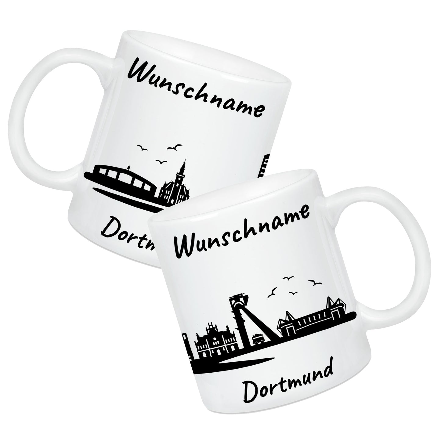 Tasse in Weiß 330ml bedruckt mit der Skyline von Dortmund personalisierbar mit Wunschname