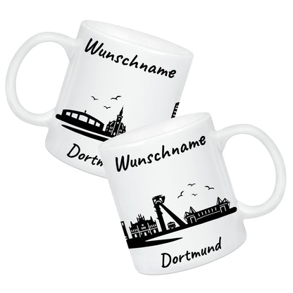 Tasse in Weiß 330ml bedruckt mit der Skyline von Dortmund personalisierbar mit Wunschname