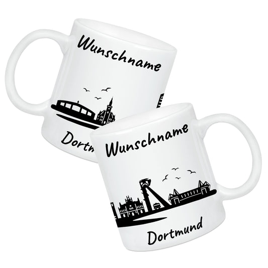 Tasse in Weiß 330ml bedruckt mit der Skyline von Dortmund personalisierbar mit Wunschname