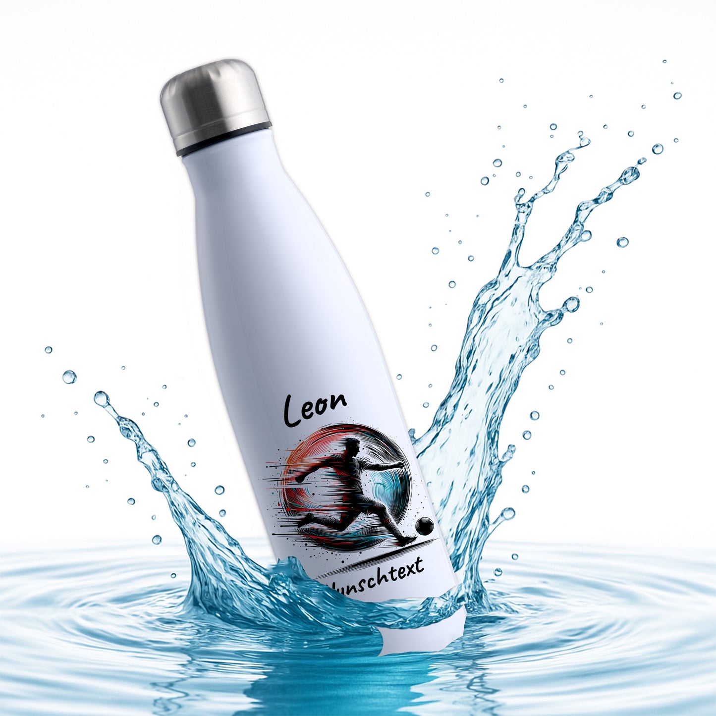 Thermoflasche 500ml in Weiß aus Edelstahl bedruckt "Fußball" Motiv3 personalisierbar mit Wunschname & Text