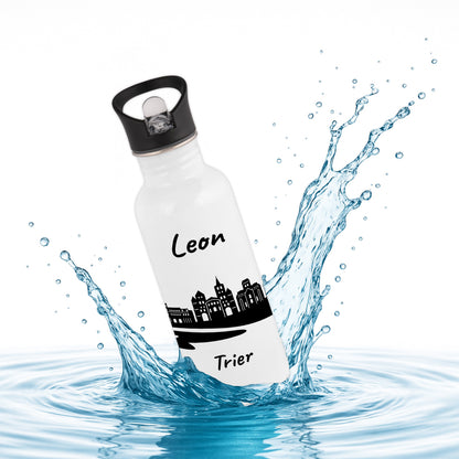 Trinkflasche in Weiß 600ml aus Edelstahl bedruckt mit der Skyline von Trier personalisierbar mit Wunschname