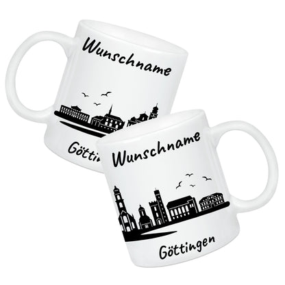 Tasse in Weiß 330ml bedruckt mit der Skyline von Göttingen personalisierbar mit Wunschname