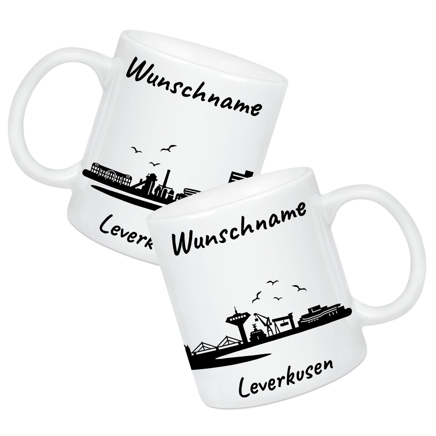 Tasse in Weiß 330ml bedruckt mit der Skyline von Leverkusen personalisierbar mit Wunschname