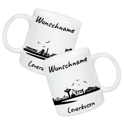 Tasse in Weiß 330ml bedruckt mit der Skyline von Leverkusen personalisierbar mit Wunschname