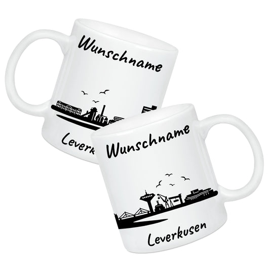 Tasse in Weiß 330ml bedruckt mit der Skyline von Leverkusen personalisierbar mit Wunschname