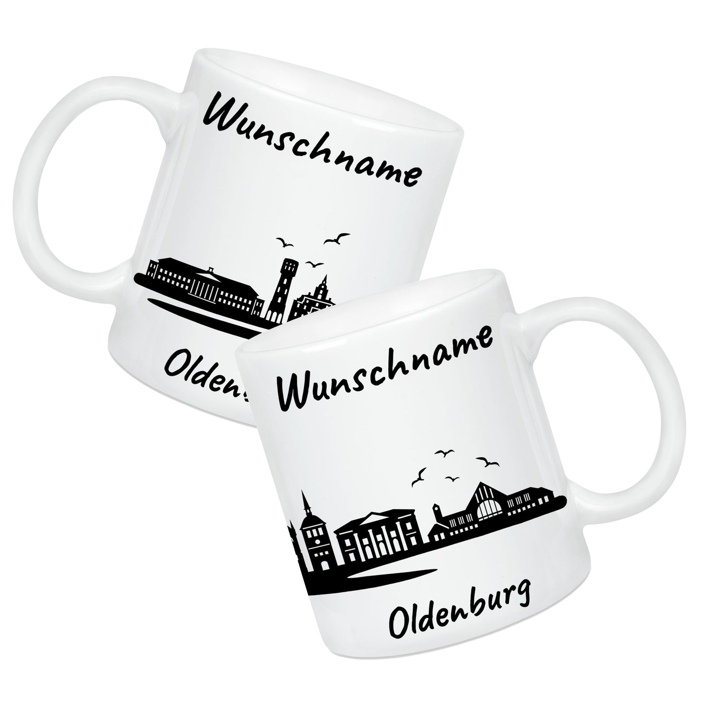 Tasse in Weiß 330ml bedruckt mit der Skyline von Oldenburg personalisierbar mit Wunschname